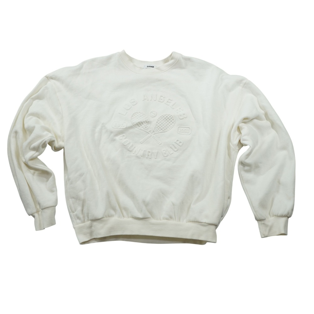 Garage Crewneck Country Club Embossed Tennis Sweatshirt Cream S/M Pockets